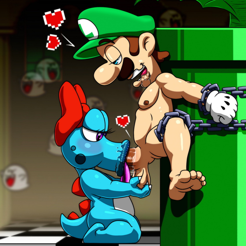 1girl 1up ahegao ambiguous_gender androgynous bare_shoulders barefoot bdsm birdo blue_eyes blush boo bow brown_hair caressing_testicles chains feet fellatio female fucked_silly gloves gradient gradient_background hair half-closed_eyes hat heart hetero human interspecies lawgick luigi male mammal mario_(series) mario_bros monster monster_girl naughty_face nintendo no_one nude open_mouth oral orgasm penis pipe purple_eyes saliva sex short_hair spread_legs super_mario_bros. testicles toes tongue tongue_out video_games warp_pipe