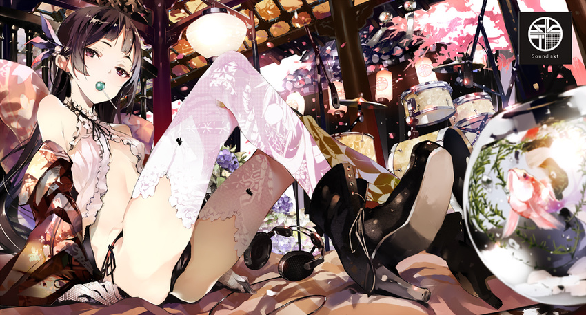 ass babydoll black_hair boots brown_eyes candy drum drum_set fish fishbowl food frills goldfish hair_ornament headphones hime_cut instrument lollipop long_hair long_legs looking_at_viewer microphone mouth_hold open_clothes original panties shunsei_(muratou) side-tie_panties sitting skinny solo studio_microphone thighhighs underwear