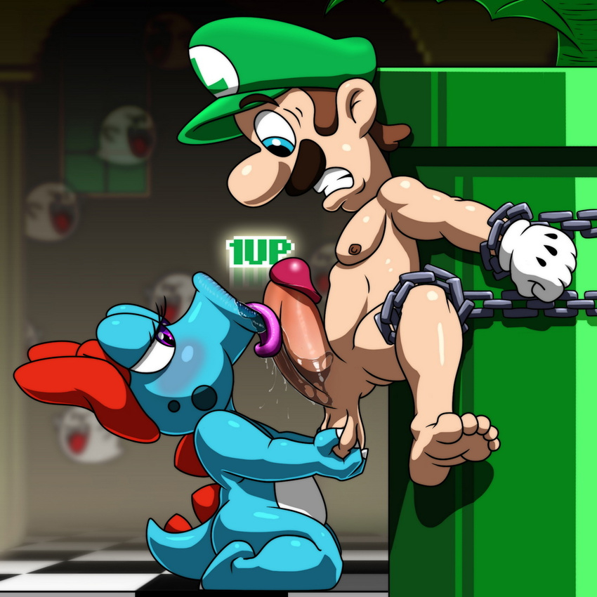 1girl 1up ambiguous_gender androgynous barefoot bdsm birdo blue_eyes blush boo brown_hair caressing_testicles chains clenched_teeth erection fellatio female forced gloves gradient gradient_background hat hetero human interspecies lawgick licking luigi male mammal mario_(series) mario_bros naughty_face nintendo no_one nude open_mouth oral penis pipe plant purple_eyes saliva sex short_hair soles spread_legs super_mario_bros. teeth toes tongue tongue_out video_games warp_pipe