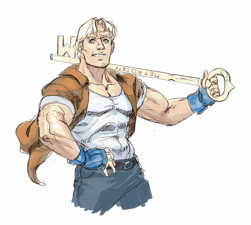 1boy blonde_hair blue_eyes casual cody_travers diepod facial_hair fingerless_gloves gloves good_end jacket key male_focus muscle older open_clothes open_jacket oversized_object simple_background sleeves_rolled_up solo street_fighter stubble tank_top