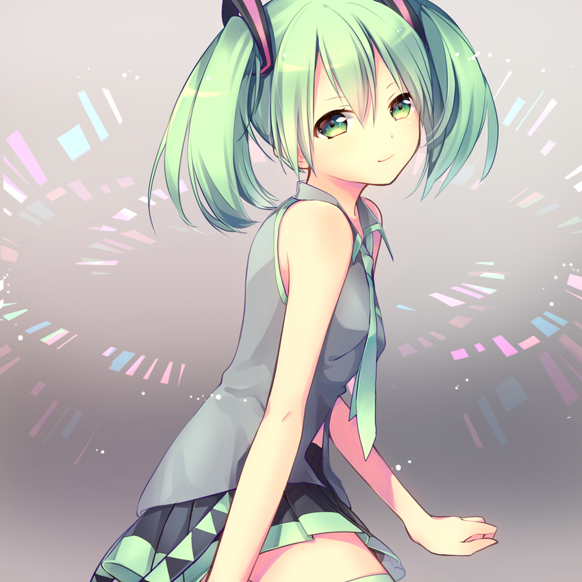 green_eyes green_hair hatsune_miku highres hinata-t6 looking_at_viewer necktie skirt solo twintails vocaloid