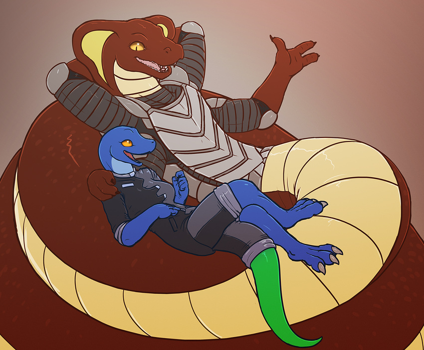 2015 3_fingers amber_eyes anthro blue_body blue_skin brown_background brown_body brown_scales clothed clothing cobra digital_media_(artwork) duo eliza_(vader-san) female g'lek lizard male multi_limb multiple_arms naga open_mouth plain_background reptile scalie smile snake ta'rall tan_belly tan_scales teeth tongue vader-san