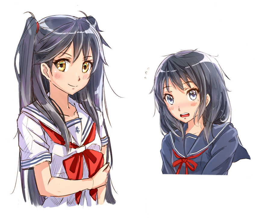 black_eyes black_hair brown_eyes kazeno long_hair multiple_girls original school_uniform serafuku sketch twintails