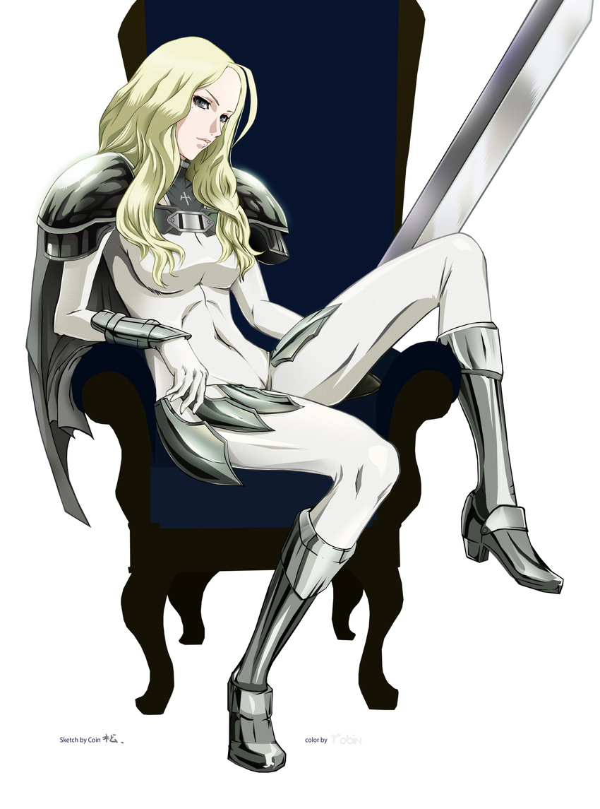 absurdres ahoge armor armored_boots artist_name blonde_hair blue_eyes bodysuit boots cape chair claymore claymore_(sword) coin_nemu. collaboration colorized covered_navel cross faulds from_side full_body gloves greaves grey_footwear high_heel_boots high_heels highres holding holding_weapon huge_filesize knee_boots knee_up long_hair looking_at_viewer metal_boots mole mole_under_eye parted_lips pauldrons robin_gi simple_background sitting smile solo sword teresa_(claymore) turtleneck vambraces weapon white_background
