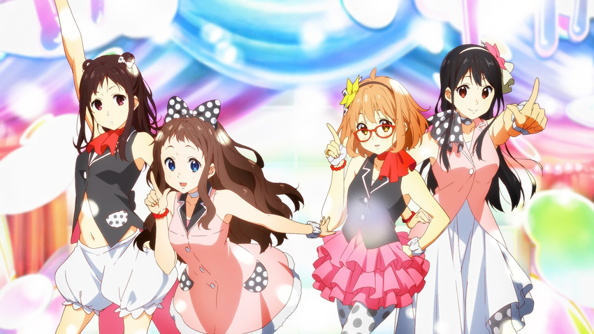 artist_request expressionless glasses highres idol inami_sakura kuriyama_mirai kyoukai_no_kanata multiple_girls nase_mitsuki non-web_source official_art red-framed_eyewear shindou_ai smile source_request