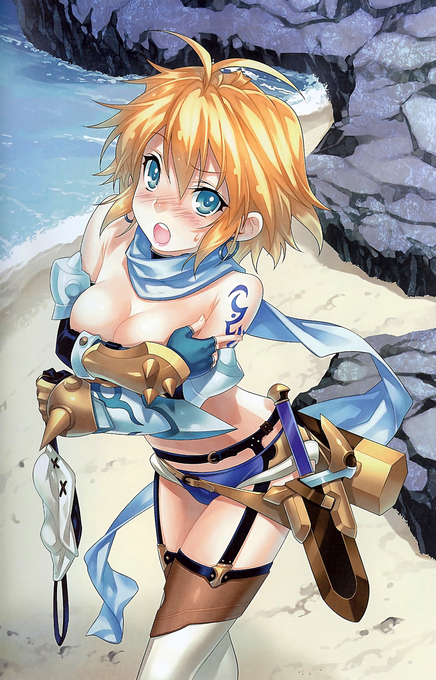 :o aqua_eyes beach blaze_union blonde_hair blush boots breast_hold breasts cleavage covering covering_breasts elbow_gloves fingerless_gloves from_above garter_belt gloves hair_between_eyes highres hirano_katsuyuki medium_breasts nose_blush open_mouth outdoors scan scarf short_hair siskier solo sweatdrop tattoo thigh_boots thighhighs vambraces