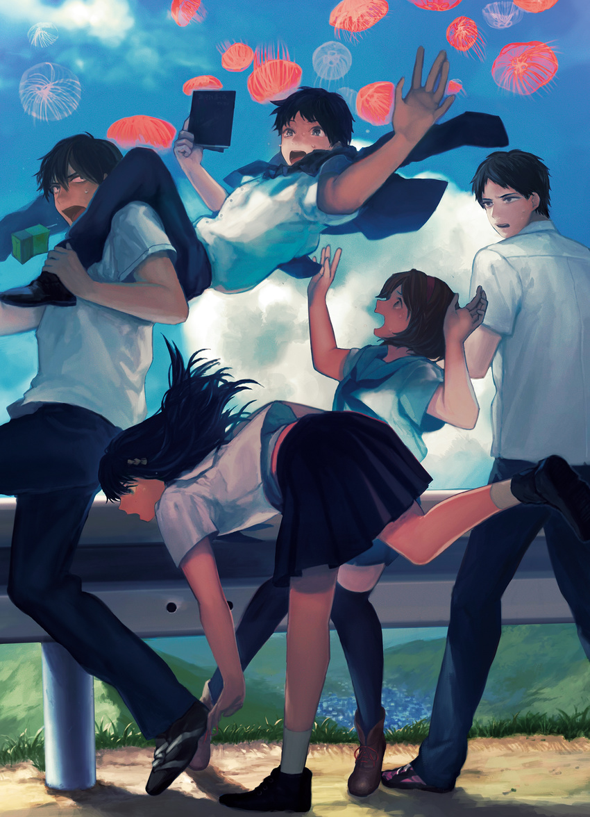 3boys :o absurdres arms_up bad_id bad_pixiv_id black_footwear black_hair black_jacket black_legwear black_pants black_skirt blouse blue_eyes blue_sky book brown_footwear brown_hair carrying cloud day dirt_road drinking_straw falling ginga_tetsudou_no_yoru grass guard_rail hair_ornament hairband highres holding holding_book jacket jacket_on_shoulders jellyfish juice_box long_hair looking_at_another looking_back multiple_boys multiple_girls neckerchief open_mouth original outdoors outstretched_arms pants pleated_skirt school_uniform serafuku shadow shirt shoes short_hair shoulder_carry skirt sky socks sunlight surprised sweatdrop thighhighs tripping valley walking white_blouse white_legwear white_shirt zipperradio