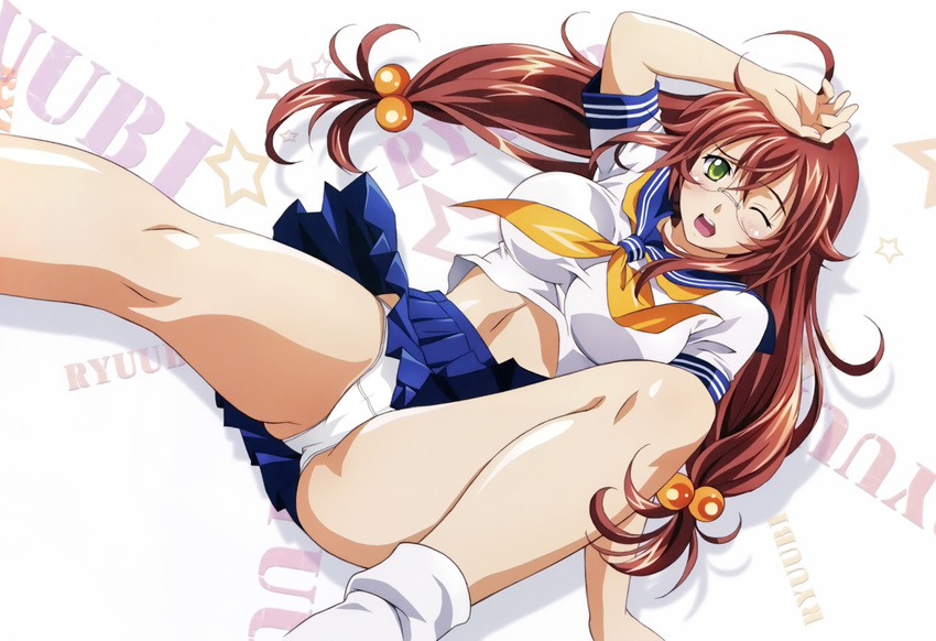 1girl breasts brown_hair female green_eyes highres ikkitousen large_breasts long_hair official_art open_mouth panties ryuubi_gentoku simple_background skirt solo underwear