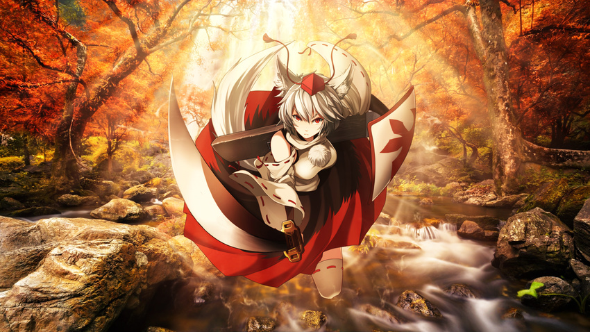 animal_ears bare_shoulders breasts derivative_work detached_sleeves forest full_body hat highres holding holding_sword holding_weapon inubashiri_momiji justrukia large_breasts light_rays long_sleeves looking_at_viewer nature outdoors pom_pom_(clothes) red_eyes ribbon-trimmed_sleeves ribbon_trim rock scabbard serious sheath shield shinebell silver_hair solo stream sunbeam sunlight sword tail tassel thighhighs third-party_edit tokin_hat touhou tree unsheathed wallpaper water weapon white_legwear wide_sleeves wolf_ears wolf_tail