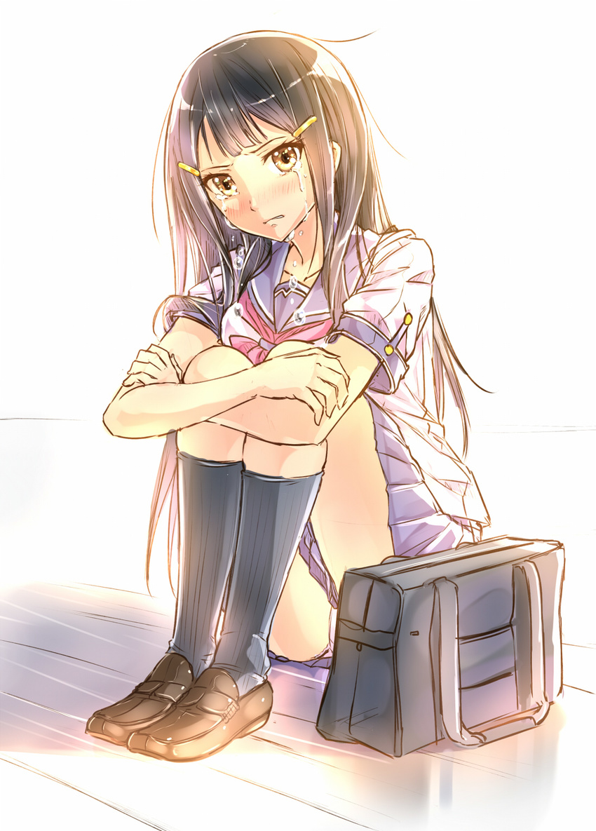 black_hair black_legwear brown_eyes crying crying_with_eyes_open highres kazeno loafers long_hair original school_uniform serafuku shoes solo tears