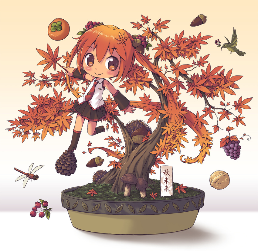 acorn aki_(akisora_hiyori) aki_miku alternate_hair_color autumn_leaves berries bird bug chestnut chibi dragonfly food fruit grapes hatsune_miku highres insect long_hair mushroom orange_hair persimmon pinecone skirt smile solo twintails vocaloid walnut walnut_(food)