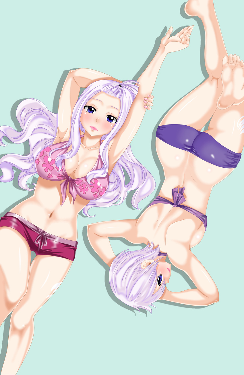 2girls ass blue_eyes blush breasts cleavage fairy_tail feet large_breasts lavender_hair lisanna_strauss long_hair looking_at_viewer lying mirajane_strauss multiple_girls navel on_back on_stomach siblings simple_background sisters smile