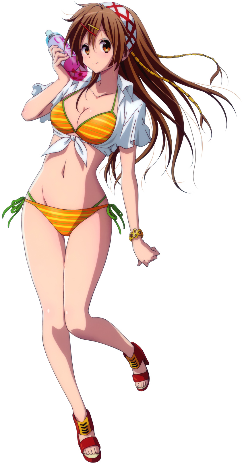 absurdres bikini bracelet breasts brown_eyes brown_hair chuunibyou_demo_koi_ga_shitai! cleavage extraction front-tie_top full_body high_heels highres jewelry large_breasts layered_bikini looking_at_viewer navel nibutani_shinka shirt side-tie_bikini smile solo striped striped_bikini swimsuit thigh_gap tied_shirt transparent_background