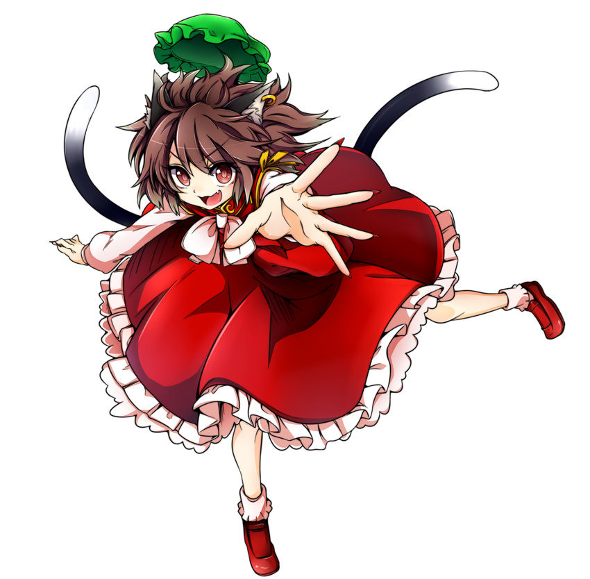 animal_ears baba_(baba_seimaijo) bow brown_eyes brown_hair cat_ears cat_tail chen dress ear_piercing fang full_body hat highres jewelry long_sleeves mob_cap multiple_tails nekomata open_mouth outstretched_arm piercing red_dress shirt single_earring smile solo tachi-e tail touhou transparent_background