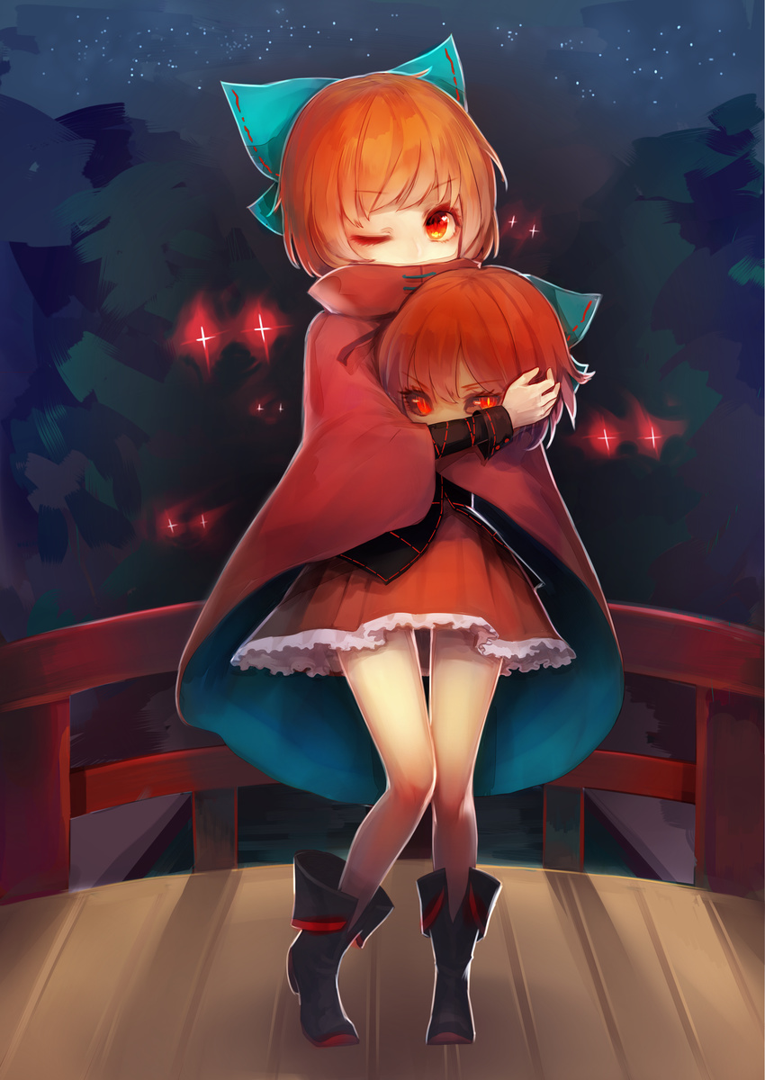 1girl absurdres black_sclera boots bridge cape colored_sclera commentary_request covering_own_mouth disembodied_head full_body glowing glowing_eyes hair_ornament hair_ribbon highres keemoringo long_sleeves looking_at_viewer night one_eye_closed red_eyes red_hair ribbon sekibanki shirt short_hair skirt solo sparkling_eyes star_(sky) touhou