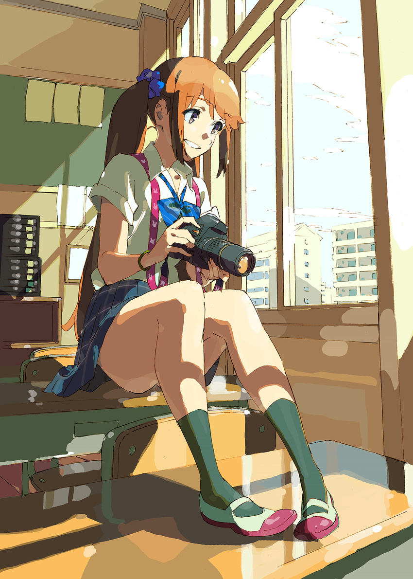 balcony blue_sky bow bowtie brown_eyes brown_hair camera chair chikaoka_sunao classroom collared_shirt day desk green_legwear grin highres house indoors looking_out_window mary_janes original school_desk school_uniform shirt shoes sky smile socks solo sunlight suspenders table thighs twintails uwabaki white_shirt window windowsill