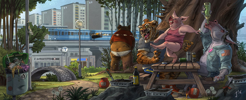 alcohol barbecue beer beverage city drunk eyore feline honey mammal messy piglet tiger train winnie_the_pooh