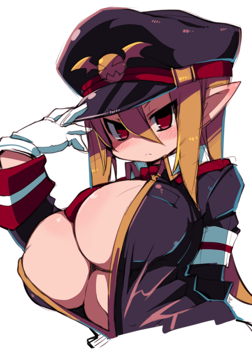 absurdres arm_behind_back blush breasts closed_mouth collared_shirt commentary_request disgaea erect_nipples gloves hair_between_eyes hand_on_headwear hand_up hat highres huge_breasts jacket light_brown_hair long_hair long_sleeves looking_at_viewer makai_senki_disgaea_3 military military_uniform necktie pointy_ears purple_hat purple_jacket red_eyes red_neckwear salvatore_(disgaea) shirt simple_background solo uniform upper_body white_background white_gloves wing_collar zankuro