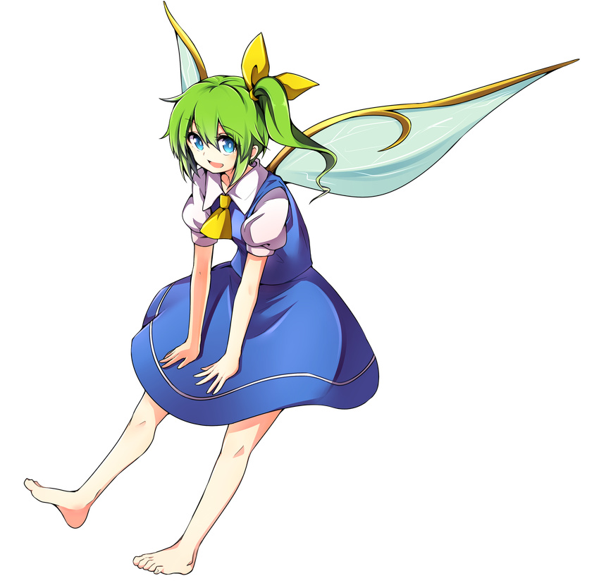 absurdres baba_(baba_seimaijo) barefoot blue_eyes bow daiyousei dress fairy_wings full_body green_hair hair_bow hair_ribbon highres open_mouth ribbon short_hair side_ponytail smile solo tachi-e touhou transparent_background wings
