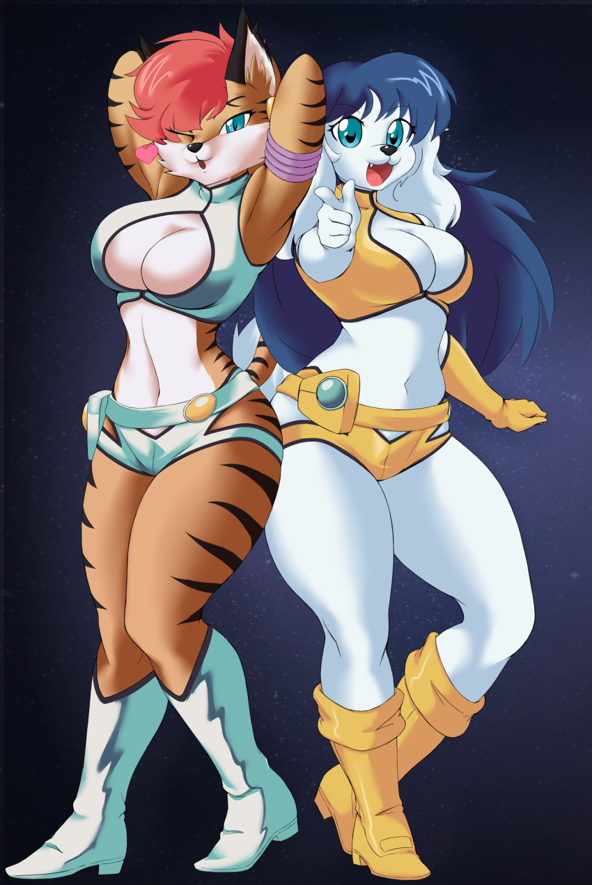 &lt;3 anthro black_fur boots breasts brown_fur canine cleavage cleavage_cutout clothed clothing dirty_pair duo fay_spaniel feline female footwear fur kyelyn_(artist) looking_at_viewer mammal miyu_lynx nintendo skimpy space star star_fox striped_fur stripes video_games white_fur