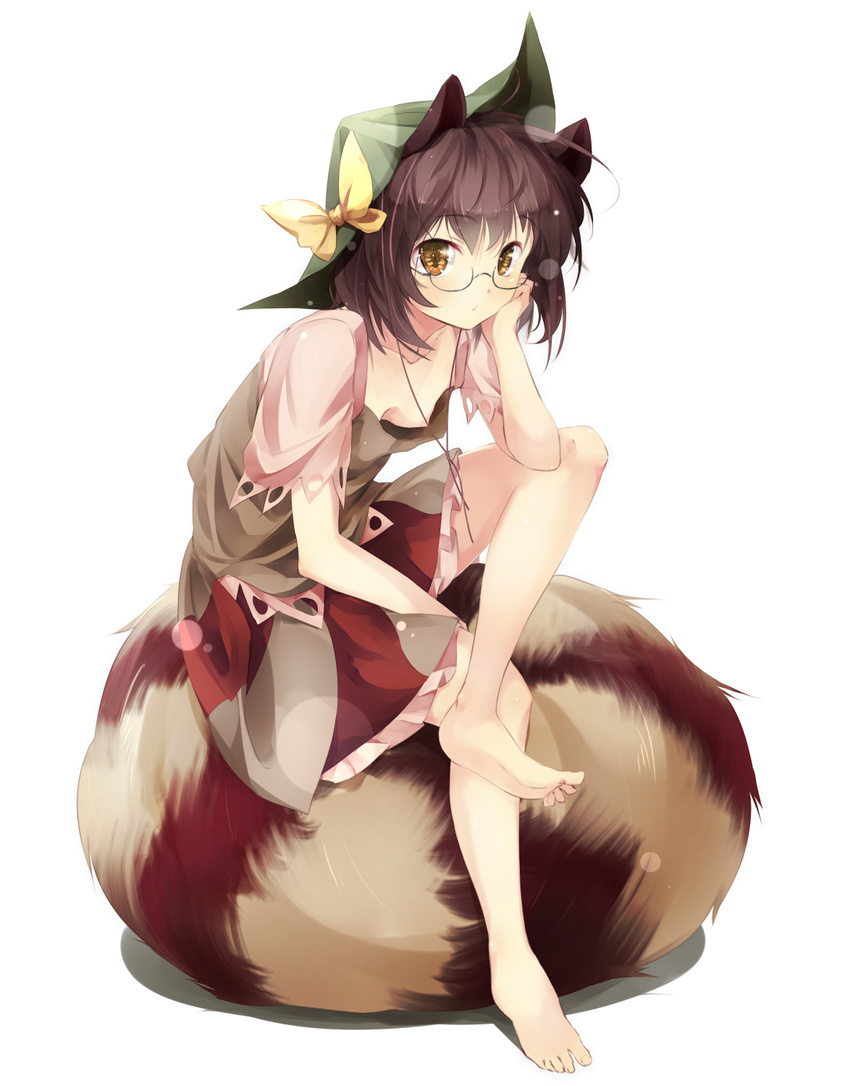 animal_ears arm_support barefoot bow breasts brown_eyes brown_hair downblouse full_body futatsuiwa_mamizou glasses gorilla_(bun0615) hat hat_bow highres leaf leaf_on_head nipple_slip nipples raccoon_ears raccoon_tail shirt sitting sitting_on_own_tail skirt small_breasts solo tail touhou