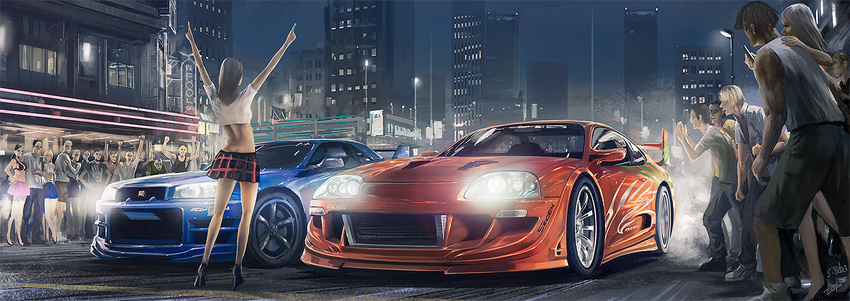 6+boys arms_up building car city ground_vehicle high_heels lamppost motor_vehicle multiple_boys multiple_girls nissan_skyline noba racing skirt the_fast_and_the_furious toyota_supra