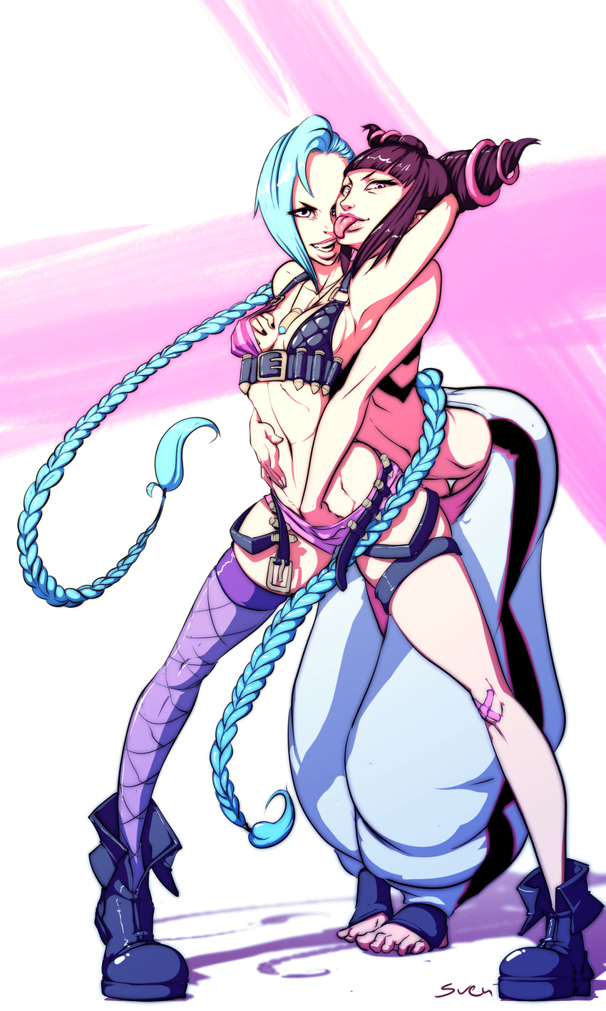 2girls ;p aqua_hair bangs barefoot between_breasts black_hair blue_hair boots braid breast_grab bullet combat_boots crossover fishnet_legwear fishnets full_body grabbing grabbing_from_behind gradient gradient_background han_juri hand_in_pants hand_under_clothes highres jewelry jinx_(league_of_legends) league_of_legends lips long_hair looking_at_viewer midriff multiple_girls navel necklace one_eye_closed purple_eyes purple_legwear short_shorts short_twintails shorts single_thighhigh standing street_fighter street_fighter_iv striped_background super_street_fighter_iv sven_(svenners) thighhighs toeless_socks tongue tongue_out twintails very_long_hair yuri