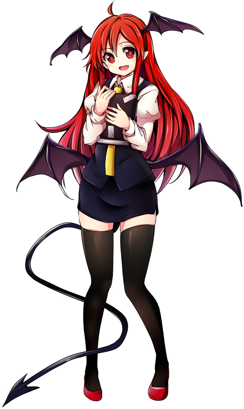 absurdres baba_(baba_seimaijo) bat_wings black_legwear book book_hug demon_tail full_body head_wings highres holding holding_book koakuma long_hair long_sleeves looking_at_viewer miniskirt necktie open_mouth pointy_ears puffy_sleeves red_eyes red_hair shirt shoes skirt skirt_set smile solo tachi-e tail thighhighs touhou transparent_background vest wings zettai_ryouiki