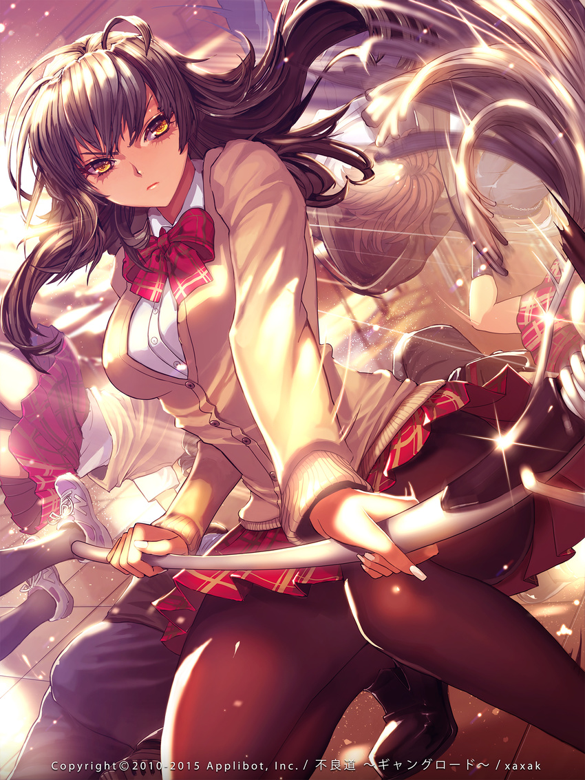 &gt;:( 4girls black_hair black_legwear breasts brown_hair cardigan copyright_name frown furyou_michi_~gang_road~ highres kneehighs large_breasts loafers mop multiple_boys multiple_girls pantyhose pleated_skirt ribbon school_uniform shoes skirt sneakers solo_focus squatting v-shaped_eyebrows vest xaxak yellow_eyes