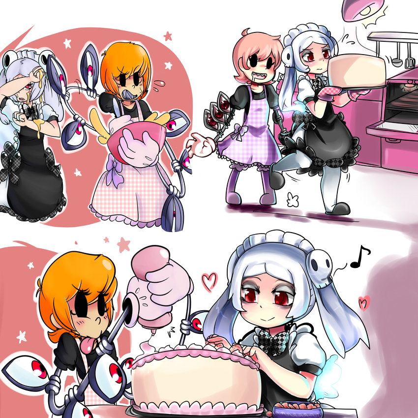 absurdres apron bad_id bad_pixiv_id baking bloody_marie_(skullgirls) blush cake captain_kirb checkered checkered_apron collaboration commentary cooking eighth_note english_commentary extra_eyes eye_socket food frills fruit gloves hair_ornament heart highres kitchen magicalchan maid_headdress mechanical_arms mixing_bowl multiple_girls musical_note orange_hair oven pantyhose peacock_(skullgirls) red_eyes ribbon saliva sharp_teeth short_hair skull skull_hair_ornament skullgirls star strawberry teeth tongue tongue_out twintails whisk white_gloves
