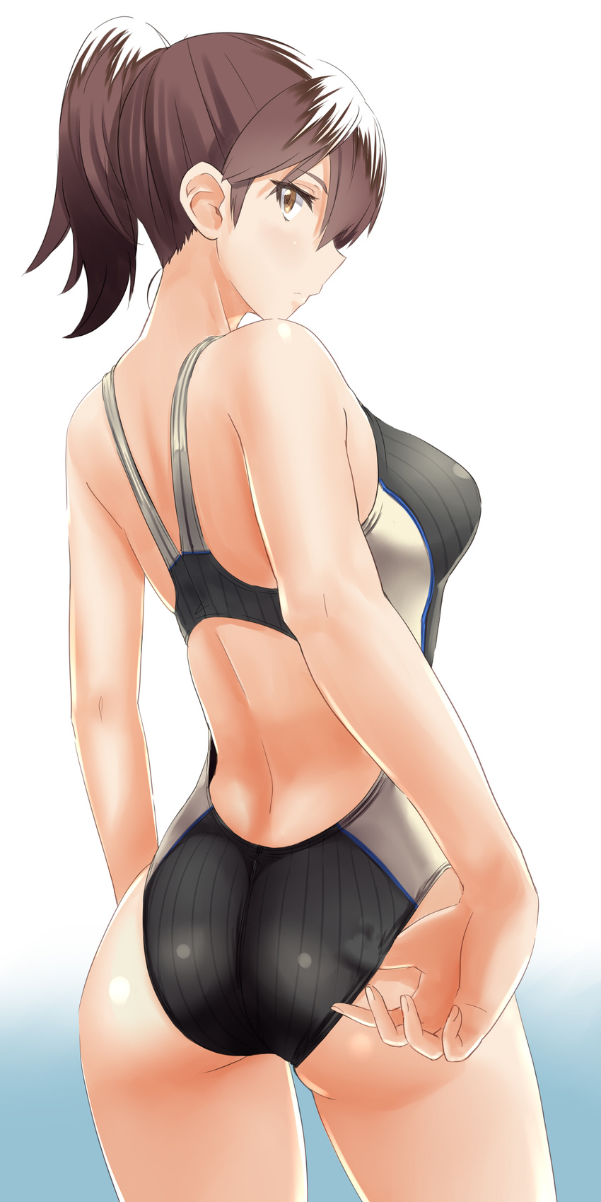 absurdres adjusting_clothes adjusting_swimsuit alternate_costume ass back back_cutout breasts brown_eyes brown_hair competition_swimsuit from_behind gradient gradient_background highres kaga_(kantai_collection) kantai_collection looking_at_viewer looking_back medium_breasts one-piece_swimsuit side_ponytail simple_background solo swimsuit takamura_wamu white_background
