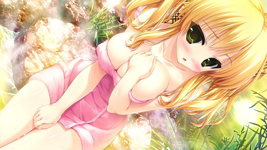 :o blonde_hair blush breasts cleavage dutch_angle game_cg green_eyes large_breasts long_hair naked_towel pink_towel prism_recollection! shintarou solo steam towel uisaki_hinano water