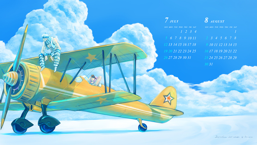 aircraft airplane aviator_cap biplane brown_hair caesar_anthonio_zeppeli calendar_(medium) cloud day highres jojo_no_kimyou_na_bouken joseph_joestar_(young) multiple_boys pants shishimaru_(polar_museum) striped striped_pants white_hair