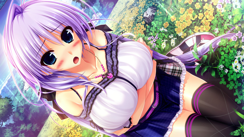 antenna_hair aqua_eyes blush breasts crossed_arms dutch_angle field flower flower_field game_cg hoshizaki_ouka jewelry large_breasts long_hair midriff necklace non-web_source official_art open_mouth oshiki_hitoshi outdoors purple_hair sakigake_generation! seiza shoes sitting skirt sneakers solo