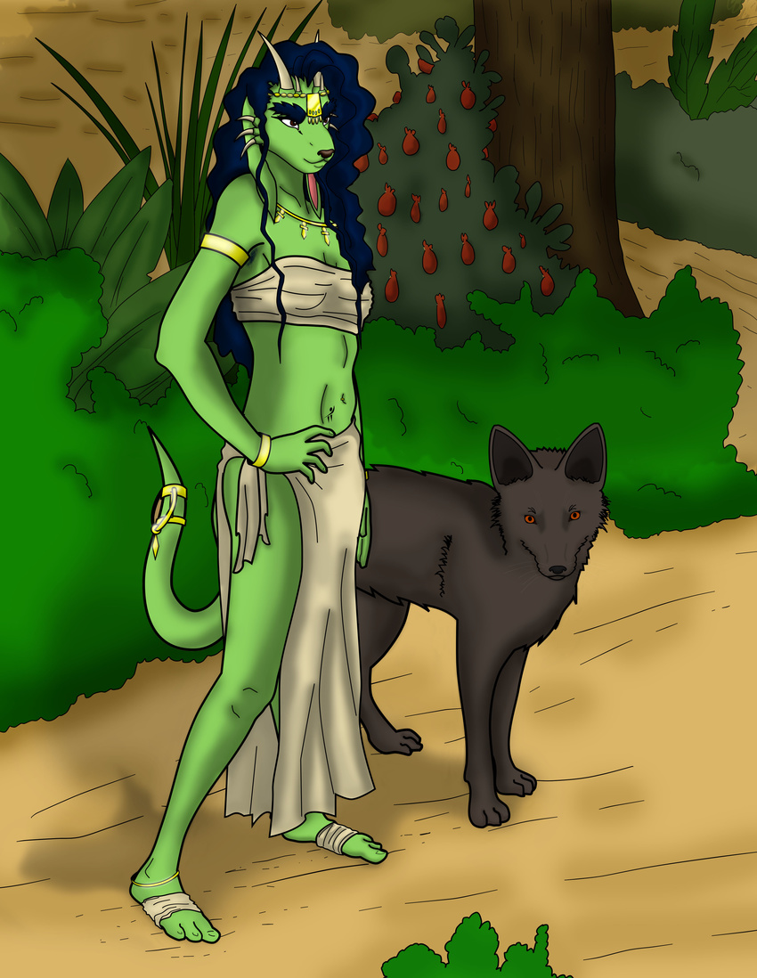 abun ancient anthro barefoot bracelet breasts canine charrio clothing collaboration curly_hair digital_media_(artwork) dog duo exotic female hair hybrid jewelry jewels kaliendra kingdom_of_abun mammal nakti planet_nakti queen_kaliendra small_breasts tokaya tribal vpn