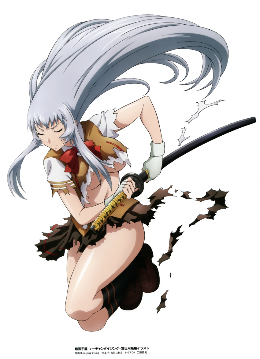 absurdres black_hair breasts brown_skirt chouun_shiryuu closed_eyes fingerless_gloves full_body gloves grey_hair highres holding holding_sword holding_weapon ikkitousen katana large_breasts long_hair non-web_source pleated_skirt ready_to_draw school_uniform sheath sheathed shiny shiny_skin shirt simple_background skirt sword torn_clothes torn_shirt torn_skirt underboob unsheathed weapon white_background white_gloves