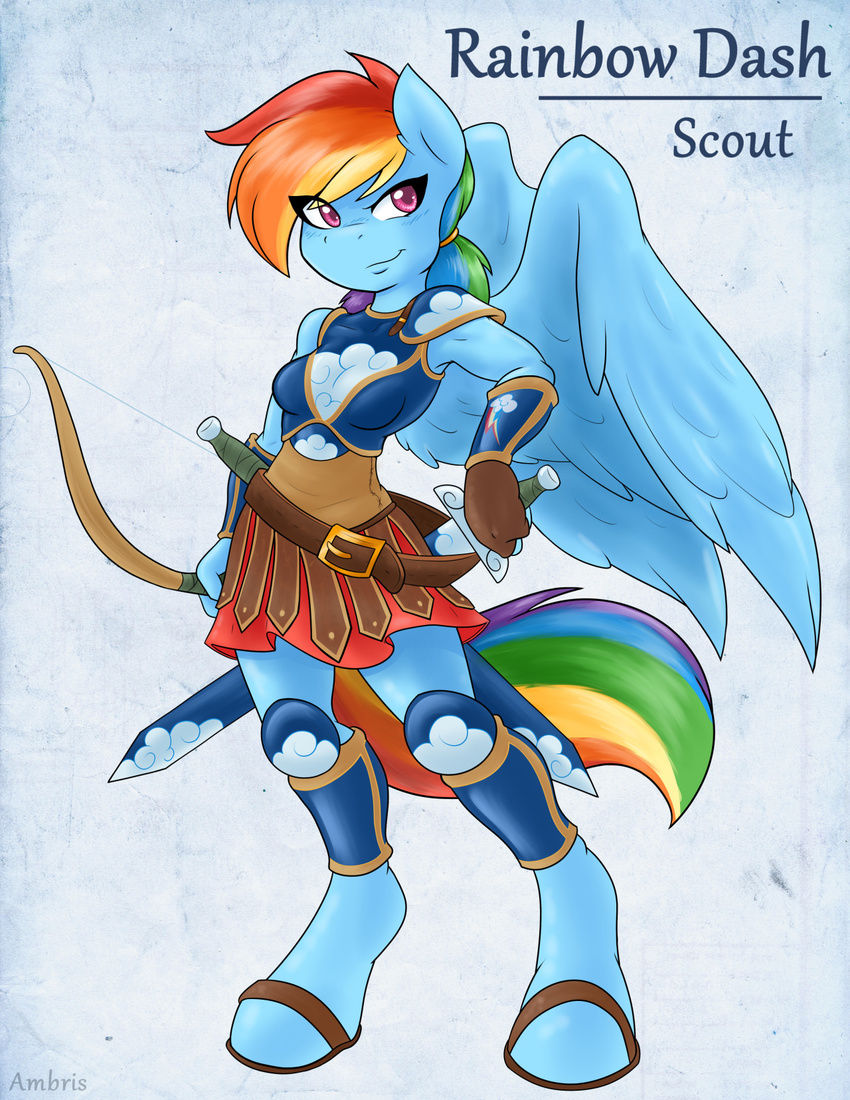 2015 ambris anthro anthrofied blue_fur bow_(weapon) clothing equine female friendship_is_magic fur hair mammal melee_weapon multicolored_hair my_little_pony pegasus pink_eyes rainbow_dash_(mlp) rainbow_hair ranged_weapon smile solo sword weapon wings