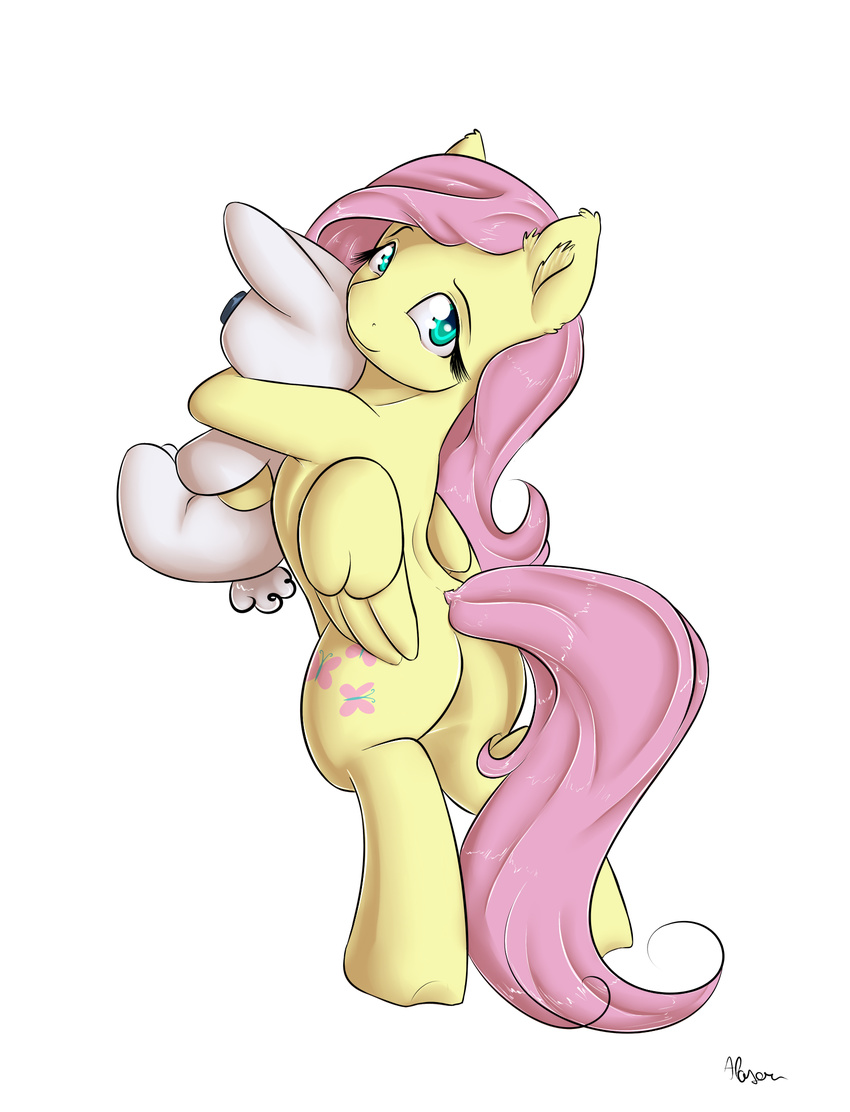 2015 alasou bipedal butt cutie_mark equine female feral fluttershy_(mlp) friendship_is_magic fur hair looking_at_viewer looking_back mammal my_little_pony pegasus pink_hair plain_background plushie solo teal_eyes white_background wings yellow_fur