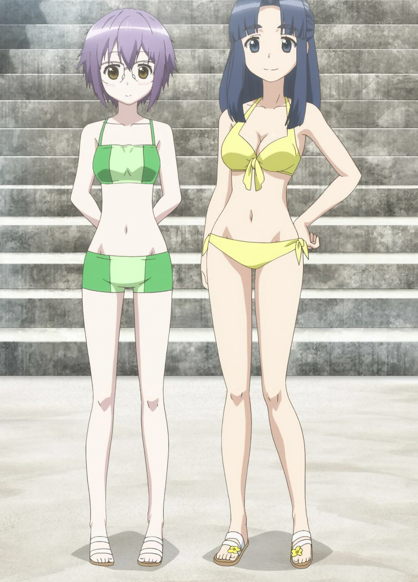 absurdres asakura_ryouko beach bikini blue_eyes blue_hair breasts brown_eyes cleavage collarbone day front-tie_top glasses green_bikini halter_top halterneck highres long_hair medium_breasts multiple_girls nagato_yuki nagato_yuki-chan_no_shoushitsu navel purple_hair sand sandals screencap short_hair side-tie_bikini small_breasts smile stairs suzumiya_haruhi_no_shoushitsu suzumiya_haruhi_no_yuuutsu swimsuit yellow_bikini