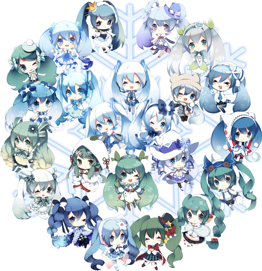 bad_id bad_pixiv_id blue_eyes blue_hair chibi detached_sleeves hatsune_miku highres long_hair multiple_persona open_mouth revision shouen_kigashi skirt smile snowflakes twintails very_long_hair vocaloid winter_clothes yuki_miku