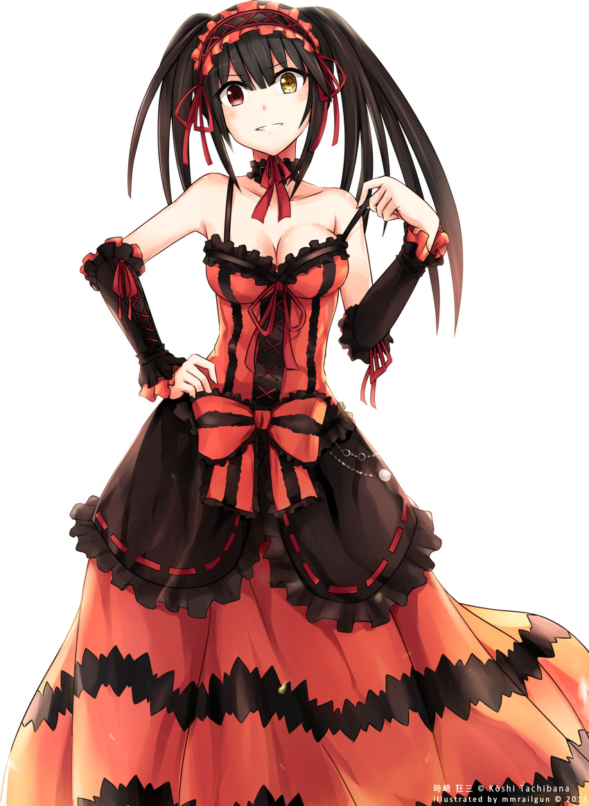absurdres asymmetrical_hair black_hair breasts choker cleavage clock_eyes date_a_live detached_sleeves dress extraction hairband hand_on_hip heterochromia highres lolita_fashion lolita_hairband long_hair looking_at_viewer medium_breasts off_shoulder red_eyes red_ribbon ribbon sleeveless smile symbol-shaped_pupils tokisaki_kurumi transparent_background yellow_eyes