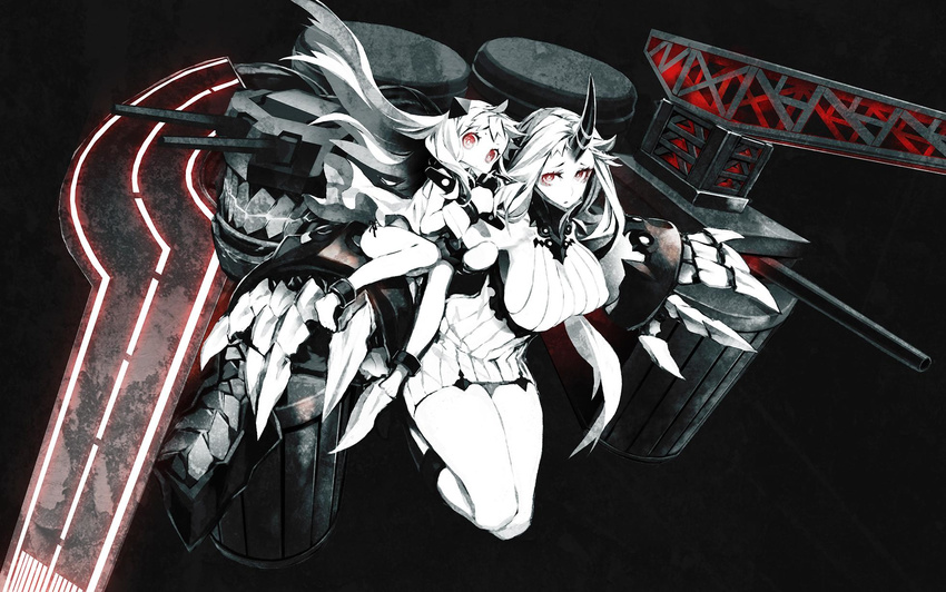 bags_under_eyes breasts claws covered_nipples dress highres horn horns kantai_collection large_breasts long_hair miwa_shirou multiple_girls northern_ocean_hime red_eyes ribbed_dress seaport_hime shinkaisei-kan turret white_dress white_skin