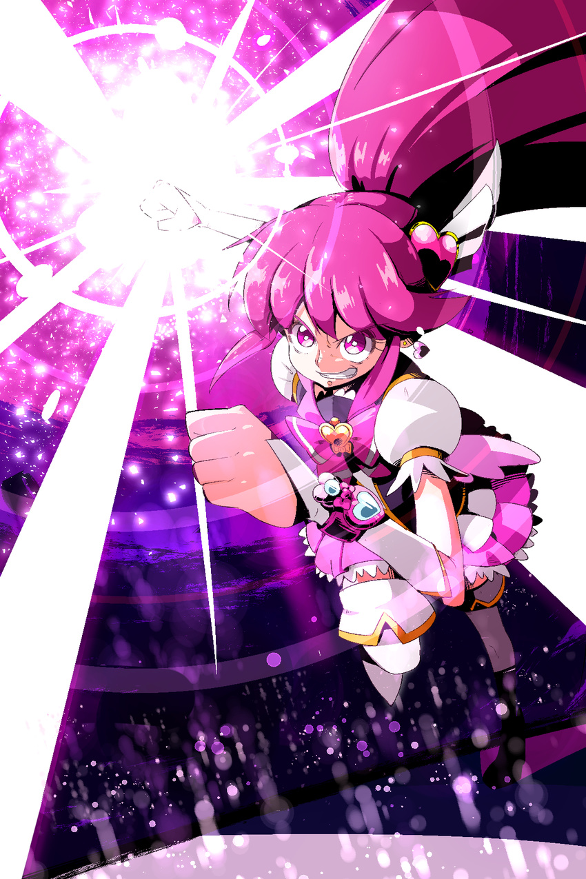 aino_megumi angry boots bow bright_pupils brooch clenched_hand clenched_teeth cure_lovely energy grin hair_ornament happinesscharge_precure! heart heart_hair_ornament highres jersey_68 jewelry long_hair magical_girl pink pink_background pink_bow pink_eyes pink_hair pink_skirt ponytail precure puffy_sleeves skirt smile solo teeth thigh_boots thighhighs white_footwear wide_ponytail wrist_cuffs
