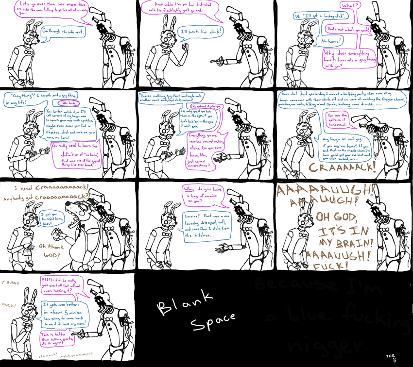 2015 animatronic bear bonnie_(fnaf) bow_tie cocaine comic dialogue drugs english_text five_nights_at_freddy's five_nights_at_freddy's_2 freddy_(fnaf) hat humor lagomorph machine mammal mechanical open_mouth plan rabbit robot teeth text top_hat toy_bonnie_(fnaf) unknown_artist video_games wire