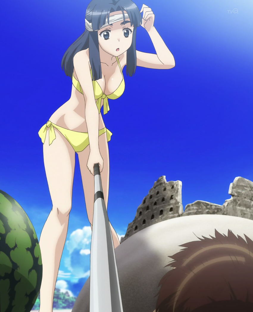 asakura_ryouko baseball_bat bikini blindfold blue_eyes blue_hair breasts brown_hair cleavage collarbone food front-tie_bikini front-tie_top fruit halter_top halterneck highres kyon long_hair nagato_yuki-chan_no_shoushitsu open_mouth sand sand_sculpture screencap side-tie_bikini suzumiya_haruhi_no_shoushitsu suzumiya_haruhi_no_yuuutsu swimsuit watermelon