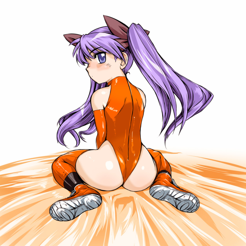 ass blush boots bow elbow_gloves ez6 from_behind gloves hair_bow highres hiiragi_kagami latex leotard long_hair looking_back lucky_star orange_gloves orange_legwear purple_eyes purple_hair red_leotard sitting solo thigh_boots thighhighs thong_leotard twintails wariza