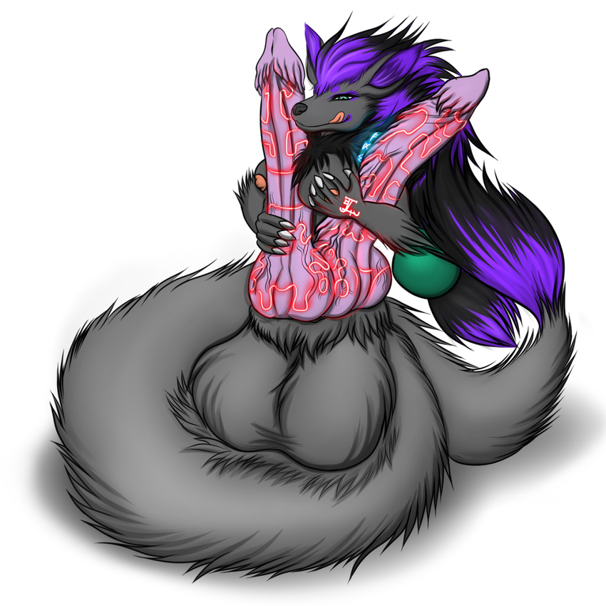 2015 absurd_res anthro asura_arklin balls barbs big_balls big_breasts bioluminescence black_fur black_hair black_tail breasts canine claws dickgirl duallgar espinoth fox fur glowing green_eyes grey_fur hair hi_res huge_balls huge_breasts huge_penis hybrid hyper hyper_balls hyper_penis intersex jewelry knot mammal markings masturbation multi_penis nintendo norse_mythology penis plain_background pok&eacute;mon purple_fur purple_hair purple_tail reptile runes scalie snake tongue tongue_out video_games white_background zoroark