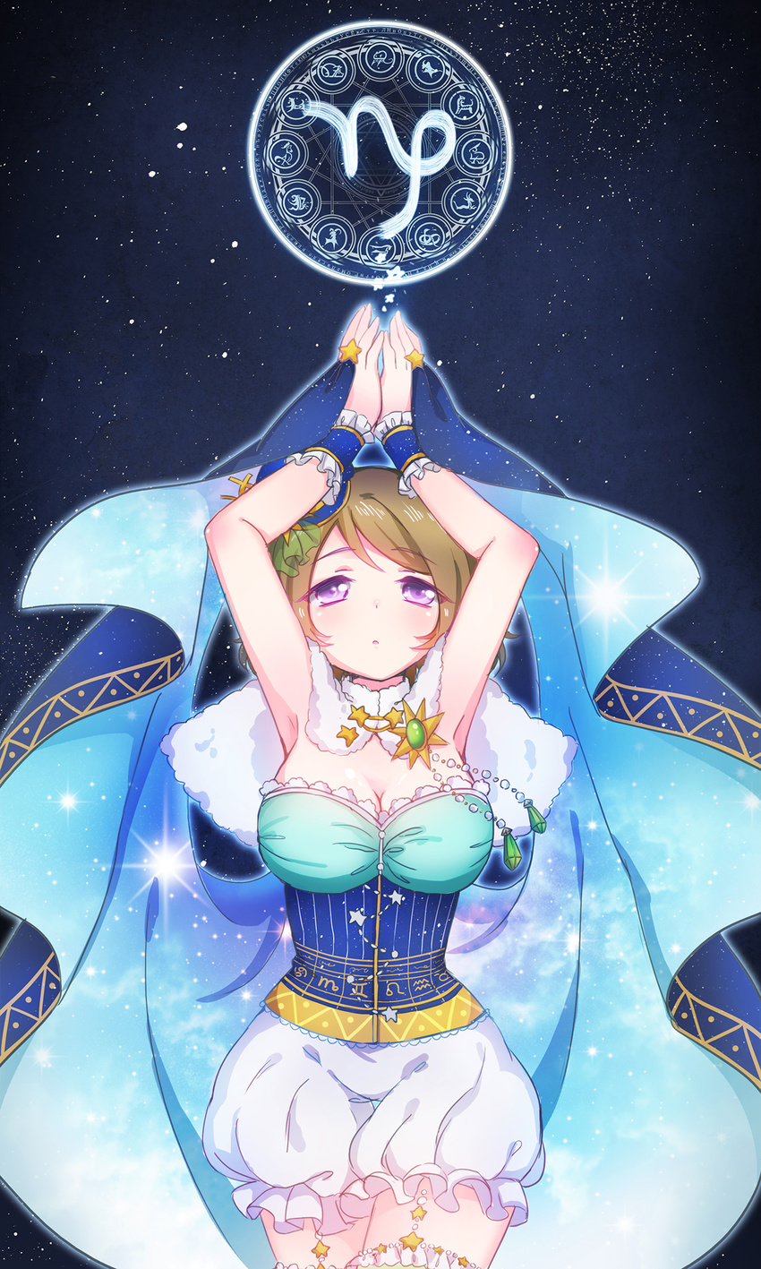 breasts brown_hair chinese_zodiac cleavage constellation_costume emia_wang hat highres koizumi_hanayo large_breasts love_live! love_live!_school_idol_project purple_eyes short_hair sky solo space_print star star_(sky) starry_sky starry_sky_print