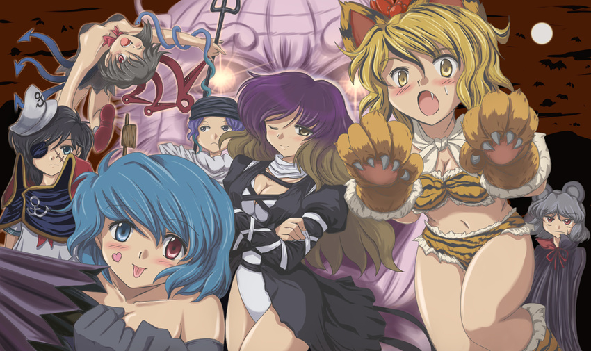 :p animal_ears black_hair blue_eyes blue_hair breasts cape cleavage cosplay dragon_ball everyone flx gradient_hair green_eyes grey_hair halloween harlock harlock_(cosplay) harlock_saga heart heterochromia hijiri_byakuren houjuu_nue kemonomimi_mode kumoi_ichirin long_hair medium_breasts mouse_ears multicolored_hair multiple_girls murasa_minamitsu nazrin piccolo piccolo_(cosplay) pirate red_eyes scar short_hair tatara_kogasa tiger_ears tongue tongue_out toramaru_shou touhou uchuu_kaizoku_captain_harlock undefined_fantastic_object unzan yellow_eyes