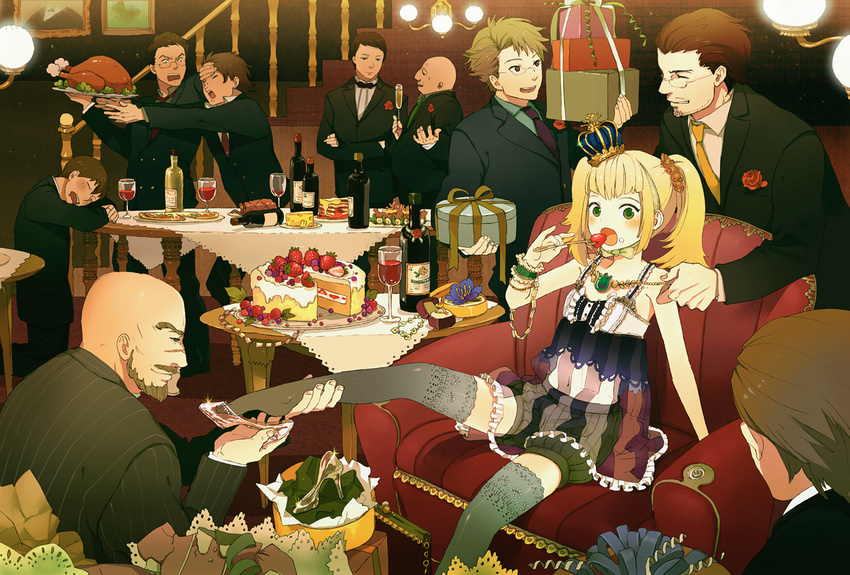 6+boys ame_(conronca) angry blonde_hair blush brown_hair cake crown cup drinking_glass eating everyone flower food formal glasses jewelry multiple_boys necktie original pastry princess ribbon scar short_hair shorts sleeping smile suit thighhighs twintails wine_glass